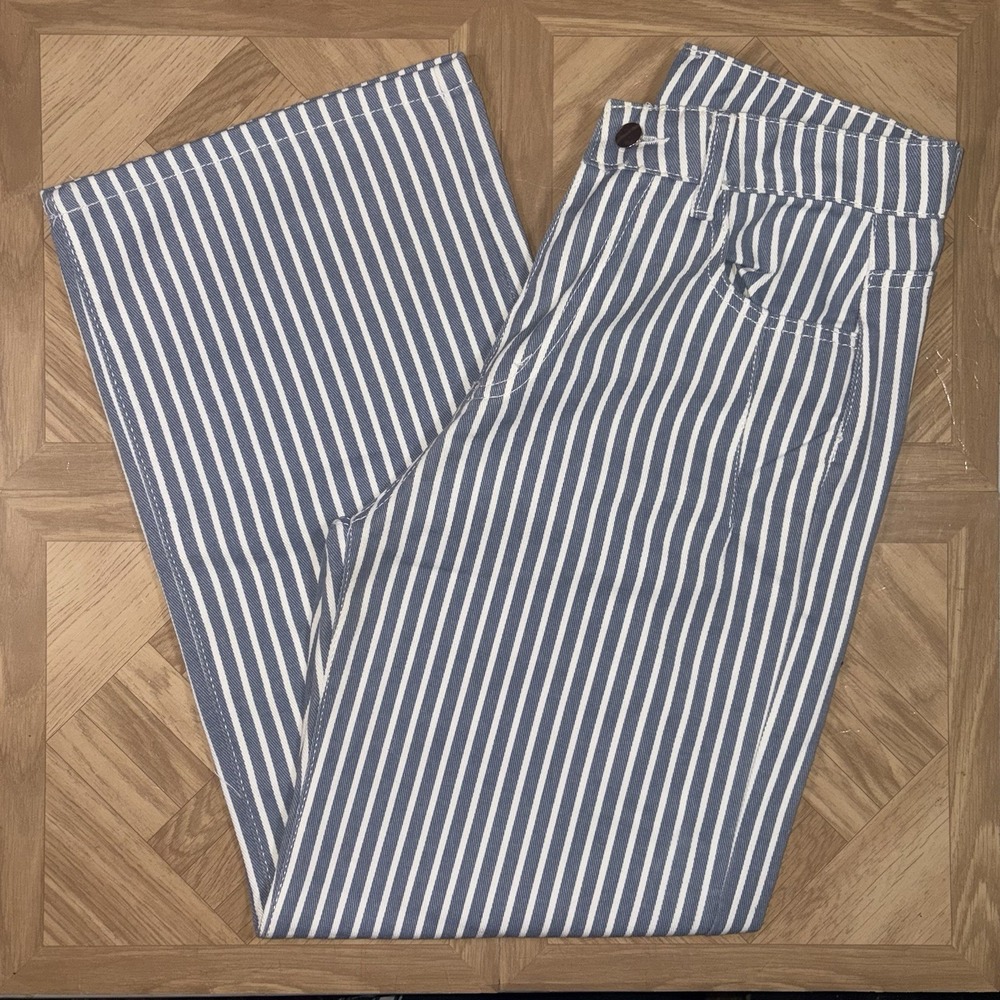 Striped Denim Jeans Size S Wide Leg High Rise Medium Wash 27x29